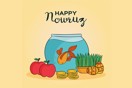 وکتور EPS و Ai لایه باز طرح گرافیکی و کارتونی سفره هفت سین شامل ماهی و سبزه و تخم مرغ رنگی و سیب و سیر و سکه ویژه عید نوروز